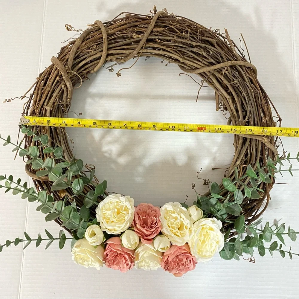 Grapevine Wreath Blush Ivory Flowers Eucalyptus Rustic Farmhouse Door Decor